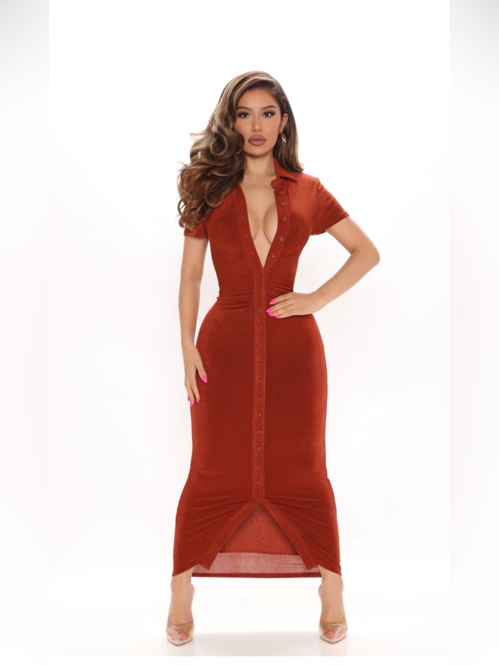 Fashion Nova Rust Red Button-Front Slinky Midi Dress